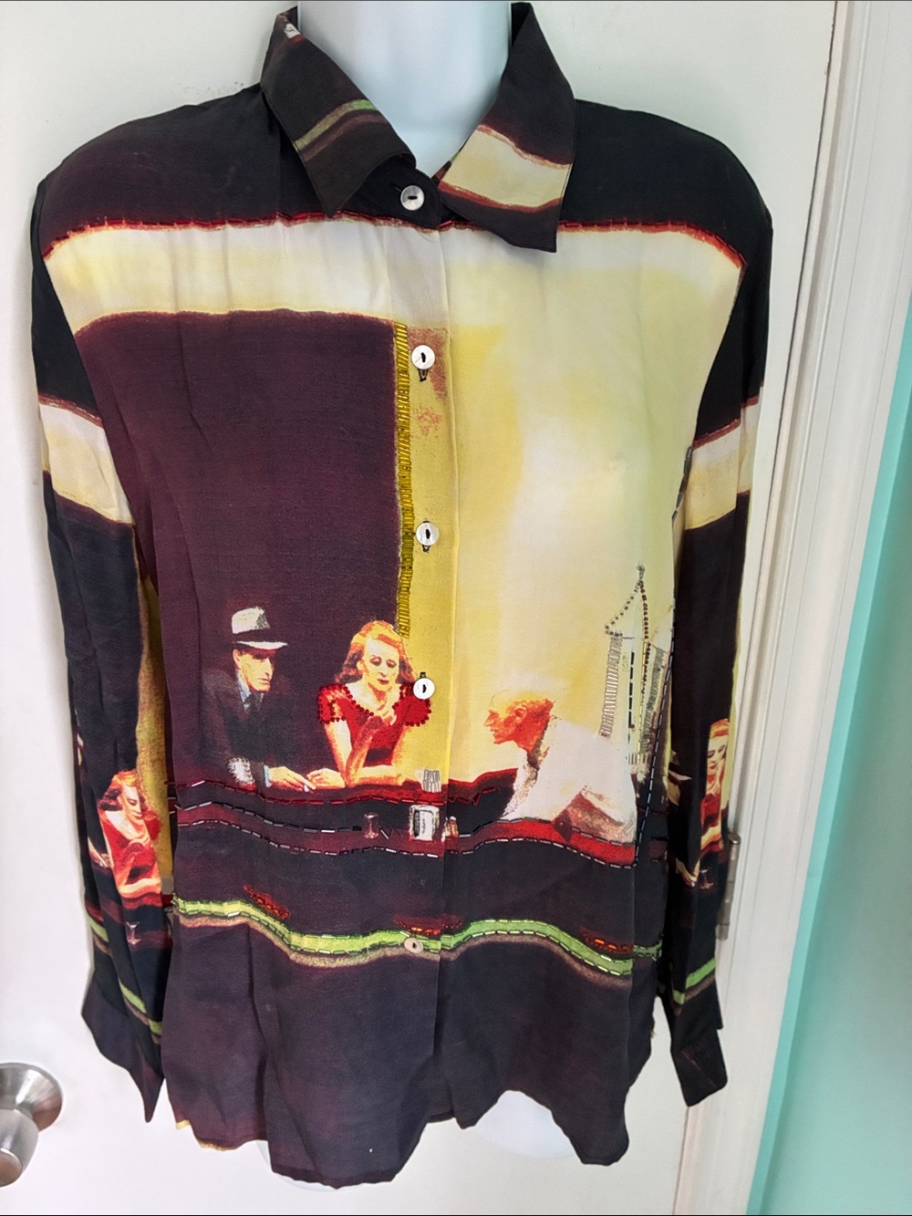 VTG Nicole Taylor Silk Nighthawks Diner Beaded Blouse